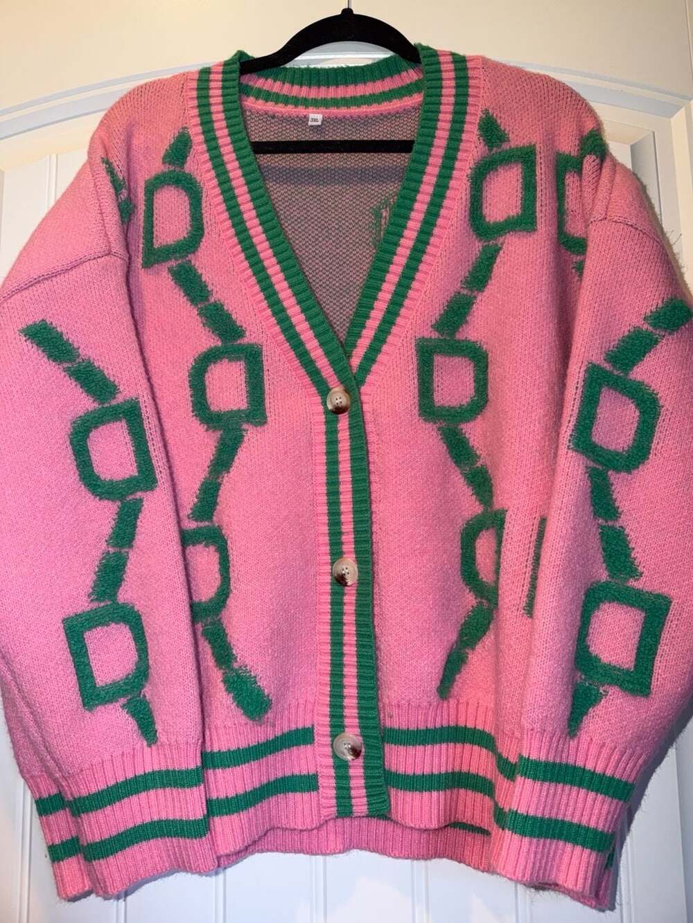 3XL
Pink and Green Geometric Pattern Button-Front Knit Cardigan - Picture 3 of 6